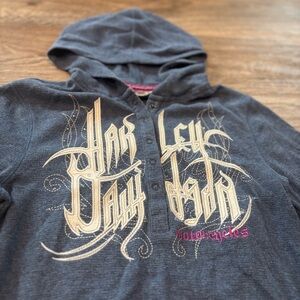 Harley-Davidson Y2K Blue Hooded Henley Long Sleeve Top 1/4 Button Biker Tee – M